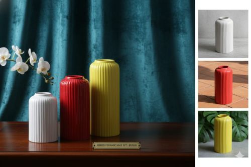 Ribbed Cylindrical Ceramic Flower Vase
