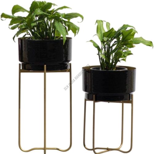 Indoor Metal Golden Planter Stand with Black Round Pot
