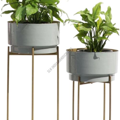 Indoor Metal Golden Planter Stand with Grey Round Pot