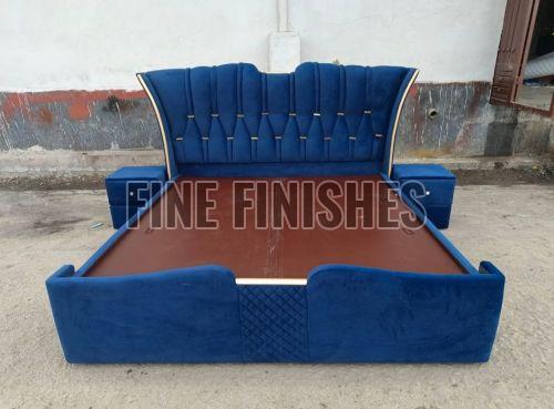 Royal Blue Tufted Storage Bed with Gold Trim