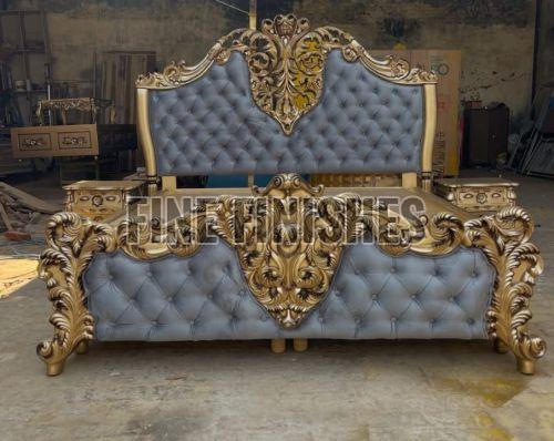 Royal Gold Finish Tufted Wooden King Size Bed