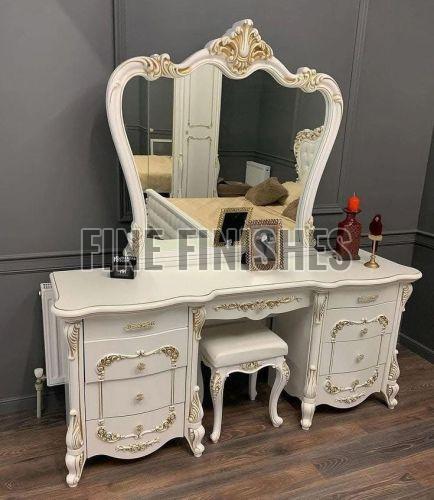 White & Golden Carved Vanity Table with Mirror