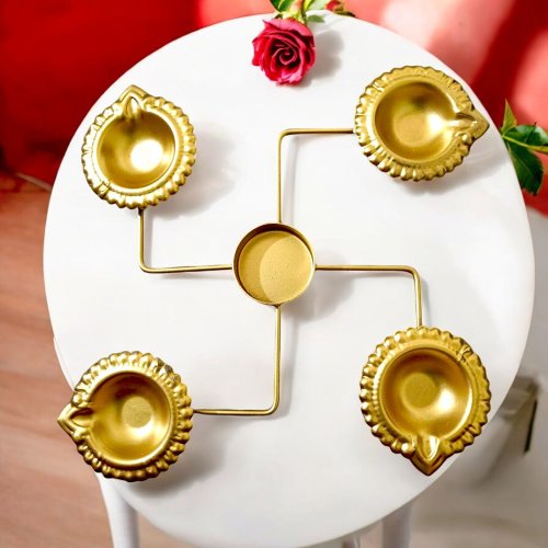 Swastik Design Gold-Plated Multipurpose Diya Stand Set