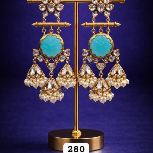 Aqua Blue Stone Pearl Drop Long Earrings