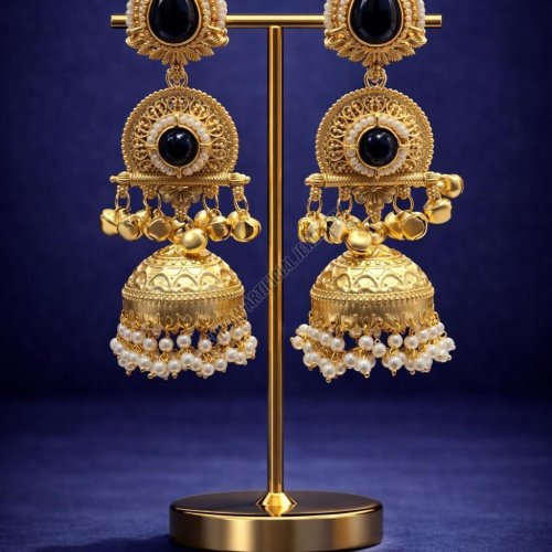 Designer Black Stone Pearl Jhumka Earrings