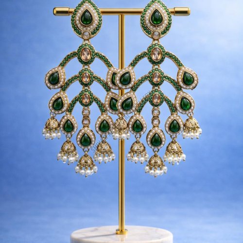 Designer Green Stone Pearl Long Drop Earrings