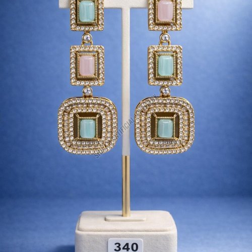 Dual Tone Square Kundan Frame Drop Earrings