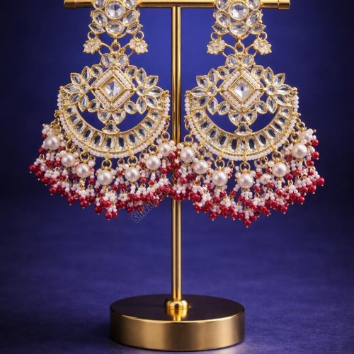 Golden Kundan Chandbali Pearl Drop Earrings