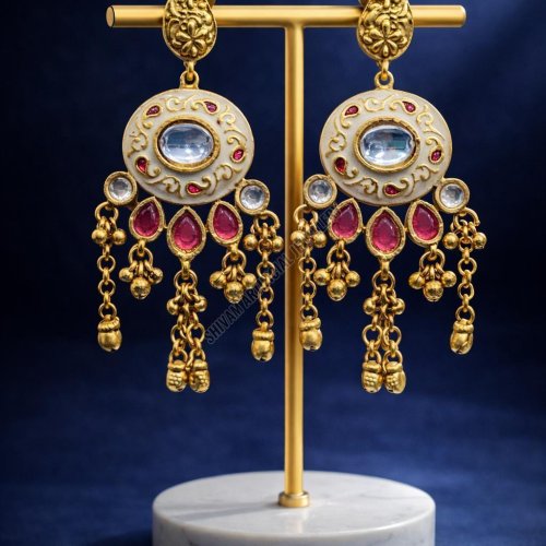 Golden Kundan Enamel Drop Earrings