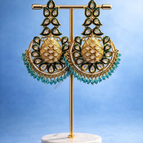 Golden Kundan Green Bead Drop Earrings