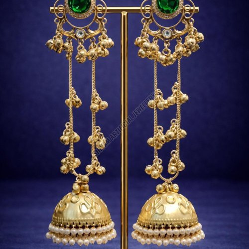 Green Stone Long Jhumka Earrings with Pearl Drops