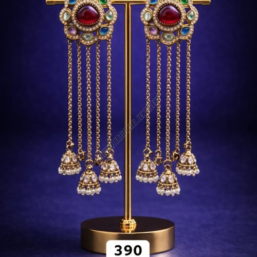 Multi Stone Kundan Long Chain Jhumka Earrings