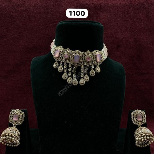 Pink Stone Drop Choker Necklace Set