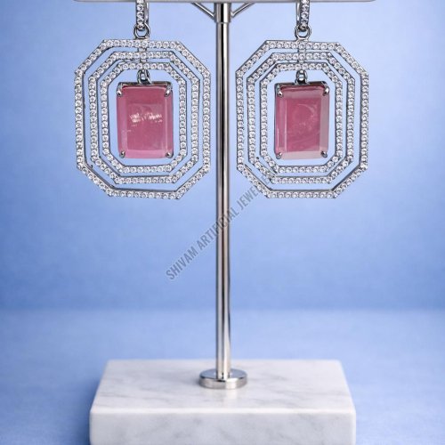 Silver Finish Pink Stone Octagon Drop Earrings