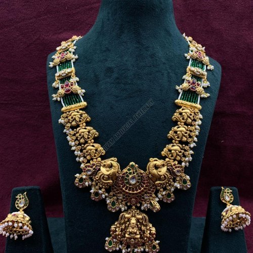 Temple Motif Kundan Pearl Haram Necklace Set