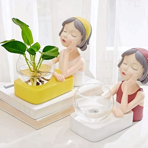 Cute Girl Figure Tabletop Planter with Glass Bowl