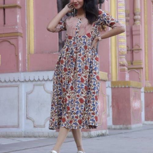 Ladies Beige Floral Printed Flared Kurti