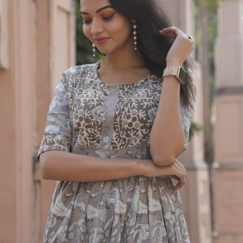 Ladies Beige Printed Cotton Flared Kurti Dress