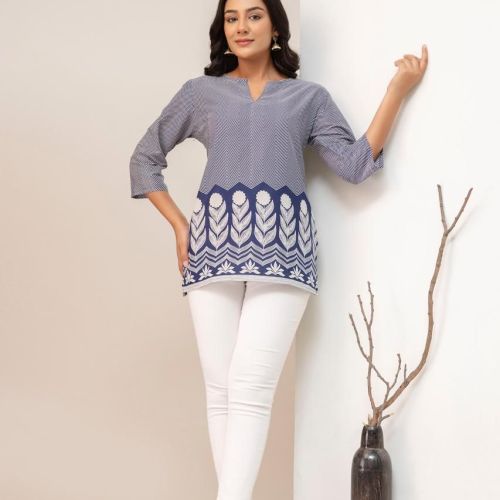 Ladies Blue Zigzag Printed Border Tunic