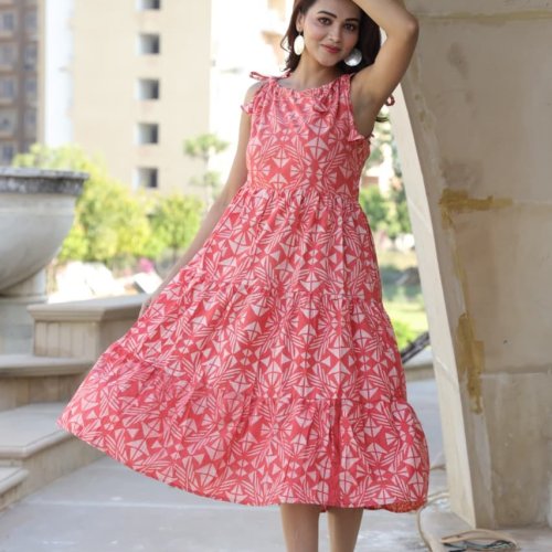 Ladies Coral Geometric Print Tiered Cotton Dress