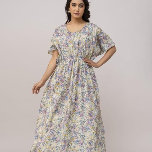 Ladies Cream Paisley Print Cotton Kaftan Dress