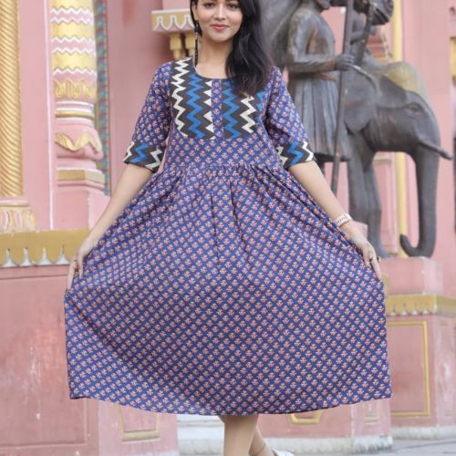 Ladies Indigo Blue Printed Flared Kurti