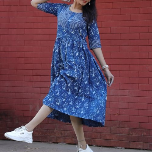 Ladies Indigo Blue Printed Flared Kurti Dress