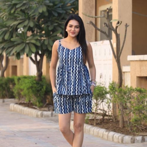 Ladies Indigo Blue Zigzag Printed Co-ord Set