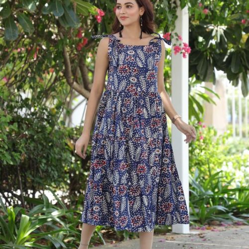 Ladies Indigo Dabu Print Tiered Cotton Dress