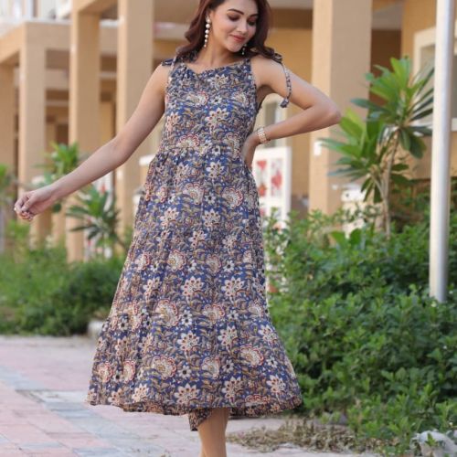 Ladies Indigo Floral Print Tiered Cotton Midi Dress