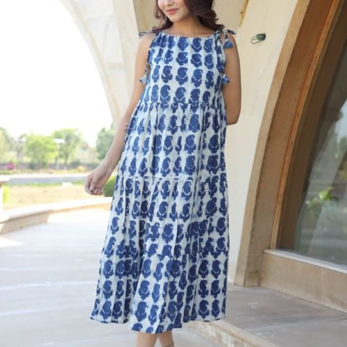 Ladies Indigo Leaf Print Tiered Cotton Dress