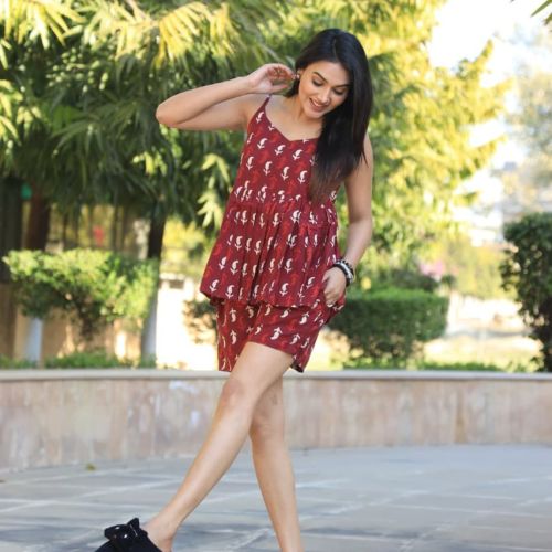 Ladies Maroon Jaipuri Print Cotton Co-ord Set