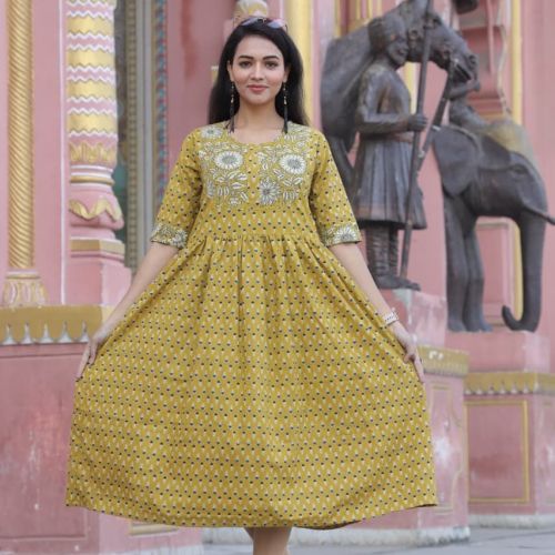 Ladies Mustard Yellow Printed Flared Dress