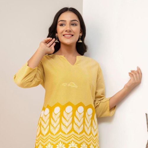 Ladies Mustard Yellow Printed Straight Kurti