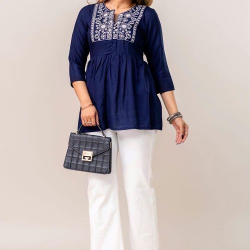 Ladies Navy Blue Embroidered Flared Tunic Top