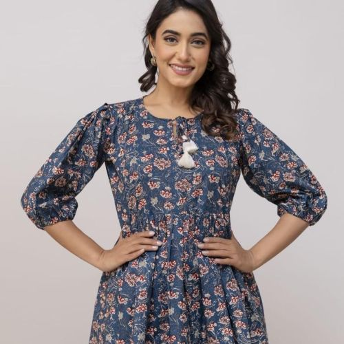 Ladies Navy Blue Printed Flared Tunic Top