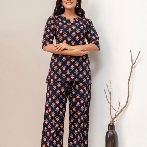 Ladies Navy Blue Printed Kurti Pant Set