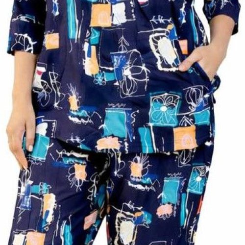 Ladies Navy Blue Printed Nightwear Co Ord Set