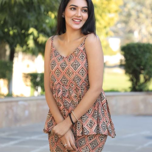 Ladies Rust Brown Printed Sleeveless Co-Ord Set