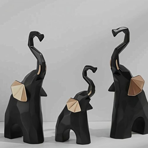 Modern Abstract Black Elephant Figurine Set
