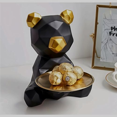 Modern Black & Gold Bear Decorative Tray Sculpture