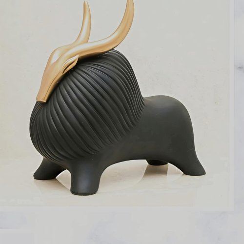Modern Black & Golden Horn Bull Sculpture