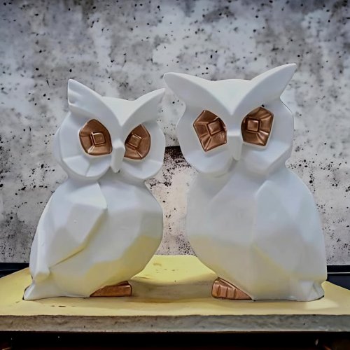 Modern Matte White Copper Accent Owl Statue Set