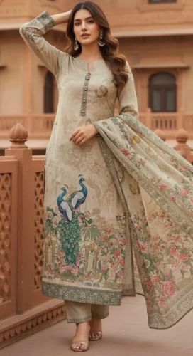 Beige Organza Unstitched Suit