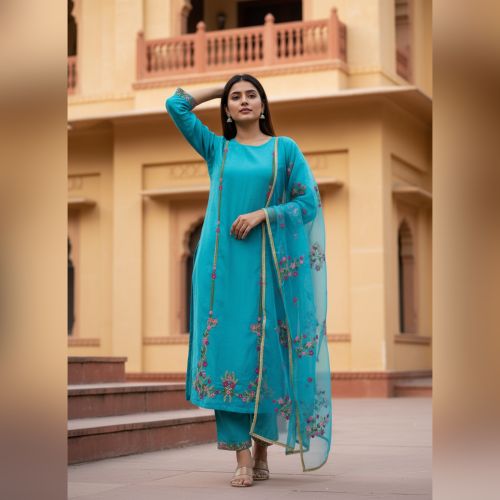 Teal Blue Silk Unstitched Suit