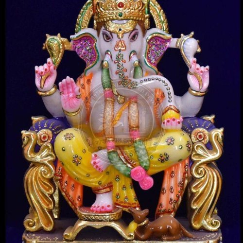 Multicolor Painted Glossy Marble Ganesh Statue