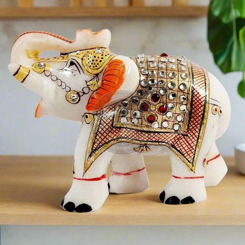 Painted Marble Elephant Statue