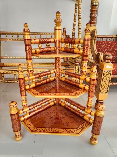 3 Tier Golden Wooden Sankheda Corner Table