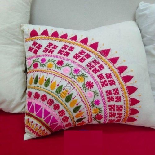 Colorful Circular Pattern White Cotton Embroidered Cushion Cover
