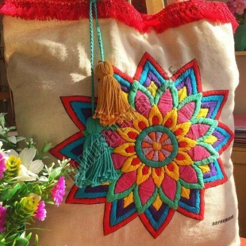 Colorful Embroidered Mandala Design Canvas Tote Bag